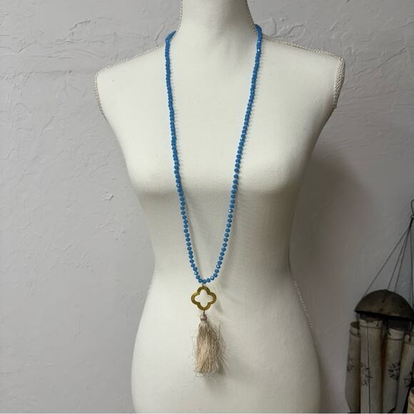 Teal Blue Fauceted Bead Necklace Extra Long Gold Clover Fringe Charm - Picture 3 of 6